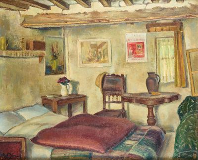 un tableau représentant une chambre à coucher avec un lit et une table