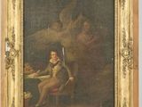 un vieux tableau représentant un homme assis sur une chaise devant un tableau