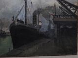 a painting of a boat docked at a dock