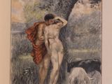painting of two nudes and a dog in a field with a tree