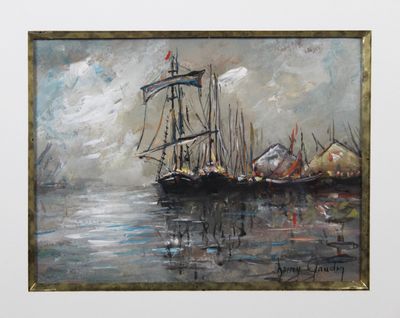 an oil painting of boats in a harbor with a cloudy sky