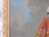painting of a man in a red coat riding a white horse