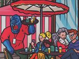 a painting of people sitting at a table in front of a cafe