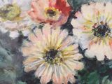 a painting of flowers in a blue vase on a table