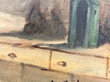 an oil painting of a boat in a body of water with a building in the background
