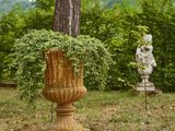 trois statues dans un jardin, avec un arbre en arrière-plan