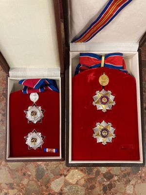 two medals are in a box with a ribbon around them