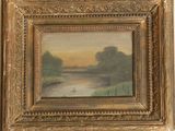 an oil painting of a river scene with a bird in the foreground
