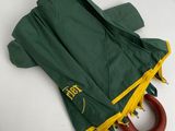 un parapluie vert et jaune avec un manche en bois