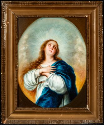 a painting of a woman with a halo in her hands