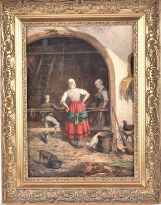 an image of a painting of a woman in a barn with chickens
