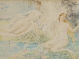 tableau représentant deux nus assis dans l'herbe près d'un plan d'eau