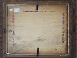 an old picture of a wooden frame with a piece of paper hanging from it