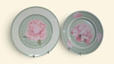 deux assiettes ornées de fleurs roses, posées sur une table