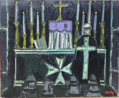 un tableau représentant une table sur laquelle se trouvent des bougies et une croix