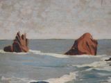 a painting of a person on a surfboard in the water