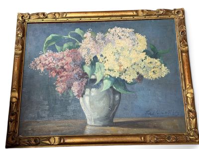 a painting of flowers in a vase on a table