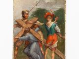 an image of a painting of a man carrying a wooden cross