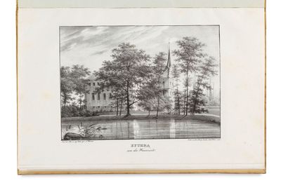 a black and white drawing of a river with trees in the foreground