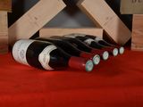 several bottles of wine are lined up on a red table cloth