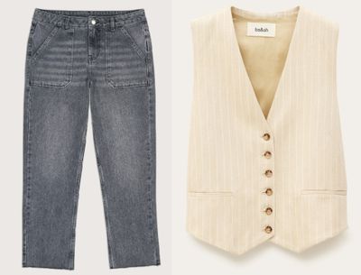 deux modèles différents de jeans et un gilet sur fond blanc