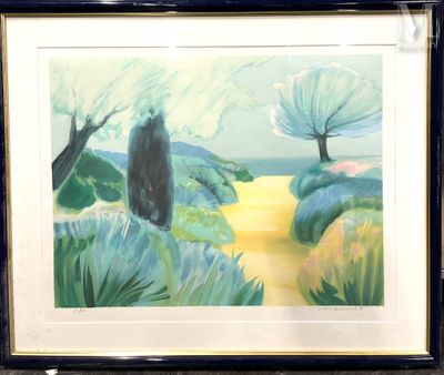 peinture représentant un paysage avec des arbres et un sentier au premier plan