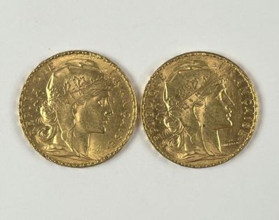 Deux pièces en or de 20 francs au coq de Chaplain (2x1911). - Photo 1