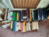 a lot of books that are sitting on the floor