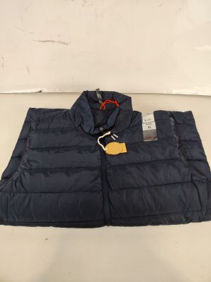 a close up of a blue vest with a tag on it