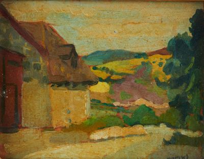 une peinture à l'huile représentant une scène de ferme avec une grange en arrière-plan