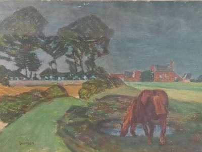 a painting of a horse drinking water in a field