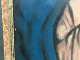 an oil painting of a woman with a blue veil on her head
