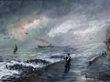 a painting of a man standing on a beach by the ocean