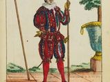 an old book with a drawing of a man holding a sword and a flag