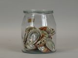 a glass jar filled with shells and seashells on a table