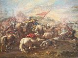 tableau représentant un groupe d'hommes à cheval dans un champ, avec un drapeau