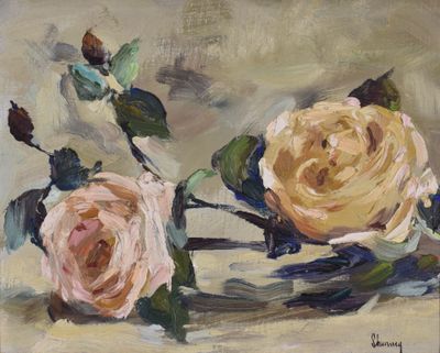 une peinture à l'huile représentant deux roses posées l'une à côté de l'autre sur une table