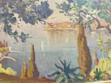 painting of a view of a body of water with trees and bushes in the foreground