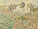 une image représentant une peinture d'une chaîne de montagnes aux sommets enneigés