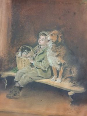 a painting of a boy and a dog sitting on a bench