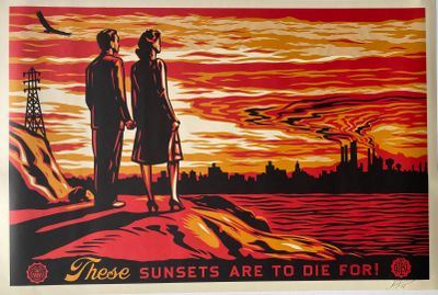 painting of a man and a woman standing on a cliff with a sunset in the background