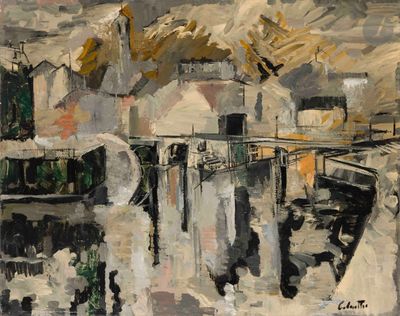 une peinture à l'huile représentant un paysage urbain avec des bâtiments et le ciel en arrière-plan