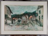une photo d'un tableau représentant un village, posé sur un chevalet