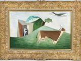un tableau représentant une vache dans un champ, avec une grange en arrière-plan