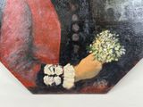 a painting of a man holding a bunch of flowers