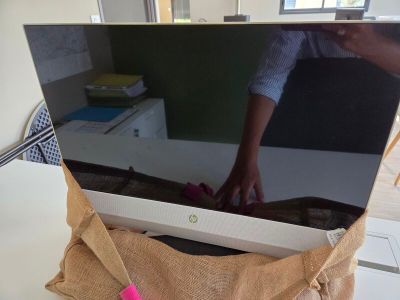 une personne tenant un sac devant un ordinateur