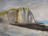 un tableau représentant une plage avec une falaise en arrière-plan