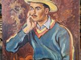 tableau représentant un homme coiffé d'un chapeau, assis sur une chaise avec un violon