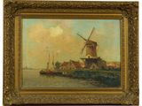 une peinture à l'huile représentant un moulin à vent et un bateau sur un plan d'eau