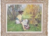 une peinture à l'huile représentant une femme assise dans un champ, en train de lire un livre